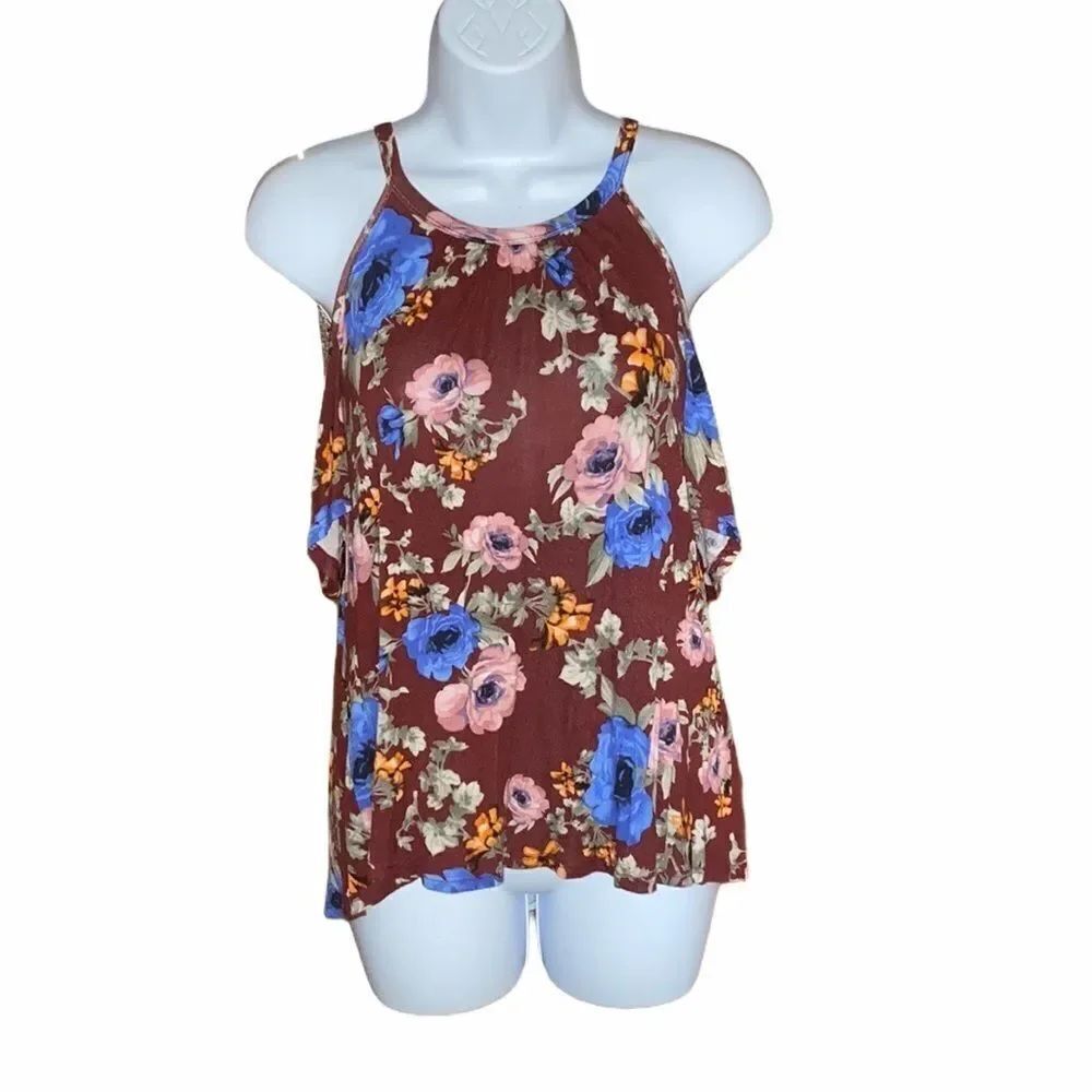 Papaya Floral Cold Shoulder Tank Top Brown Multicolor Size M